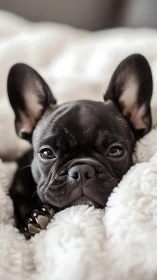 Sleepy French bulldog nestles into soft white blankets