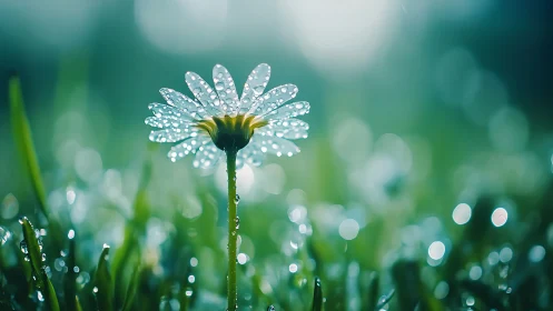 Single dew covered flower is photographed in close macro view