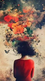 Woman in red dissolves into blooming abstract floral cloud