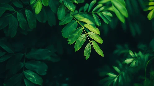 Green compound leaves against deep shadowed background.