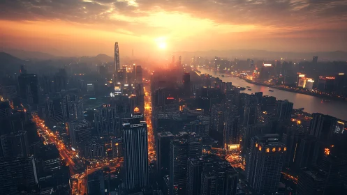 Urban skyline at dusk with glowing river corridor.