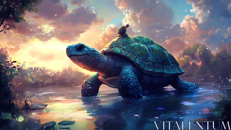 Gentle giant tortoise crosses a glowing sunset river scene.