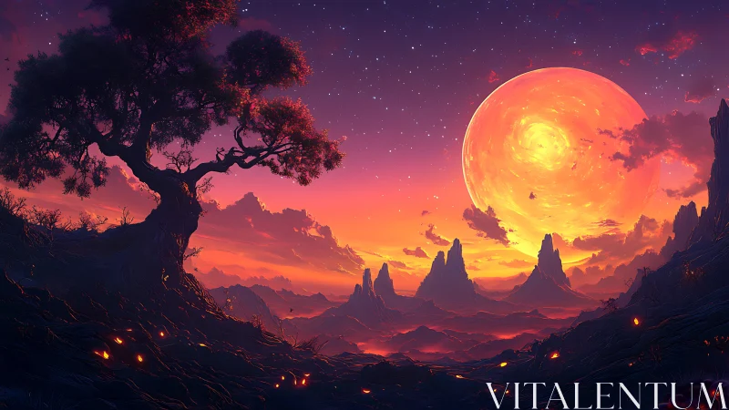 Radiant alien sunset illuminates twisted tree and jagged spires