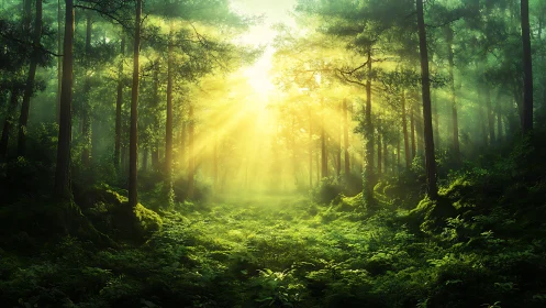 Sunlight Breaks Through the Ancient Forest Canopy