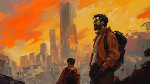 Urban wanderers study fiery sunset city skyline.