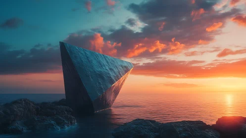 Mysterious monolith resting quietly in a glowing sea sunset.