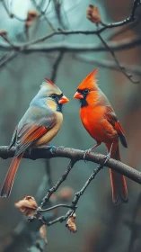 Cardinal pair balance vivid plumage on muted winter branch.
