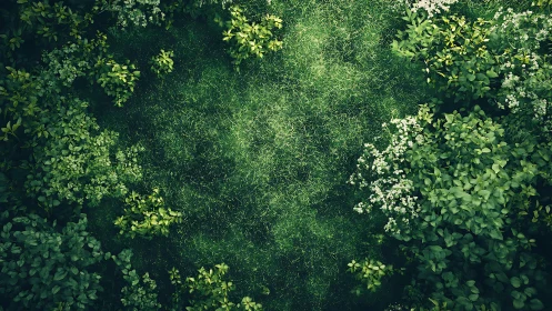 Lush Green Garden Top View with Bushes and Grass in Natural Light.