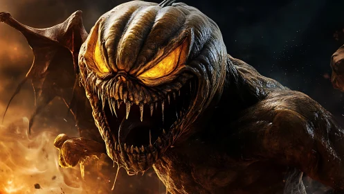 Savage demonic creature roaring in fiery battle scene.