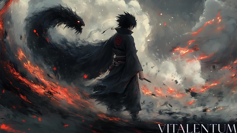 Dark warrior commands shadow dragon in burning storm.