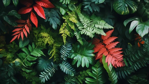 Tropical foliage layers showcase lush red and green contrast.