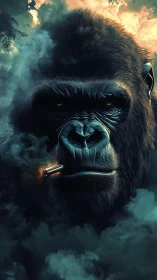 Smoldering cyberpunk gorilla emerges through dense jungle smoke