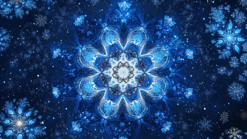 Blue fractal snowflake mandala radiates across dark field