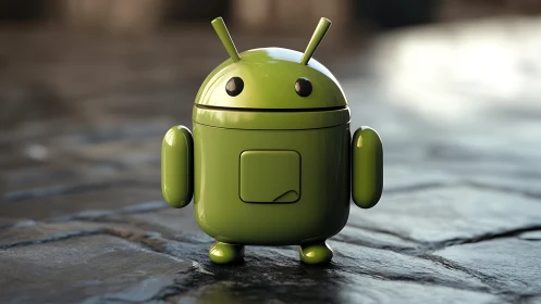 Glossy green robot mascot on cobblestone street.