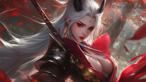 Digital painting of horned swordwoman in crimson forest scene.