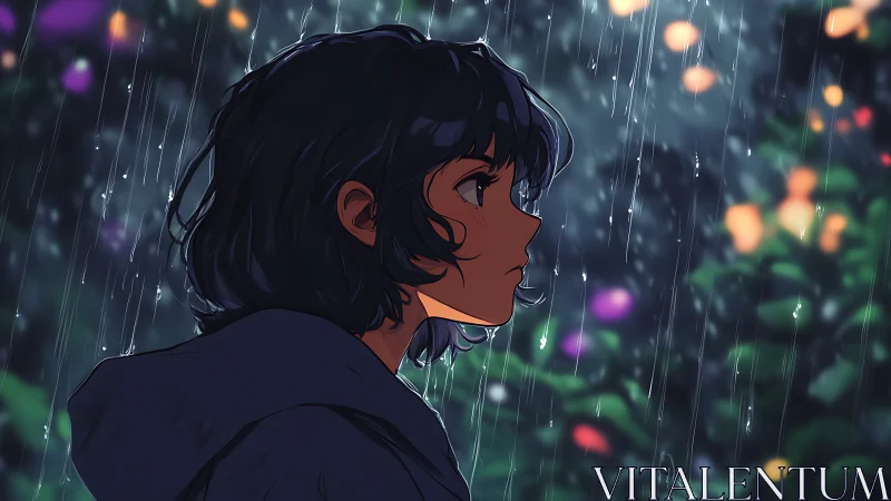 Side profile of lone figure in rainfall with blurred lights.