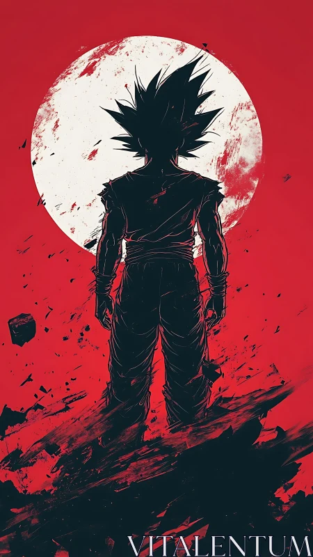 Silhouetted warrior before full moon on red ground.