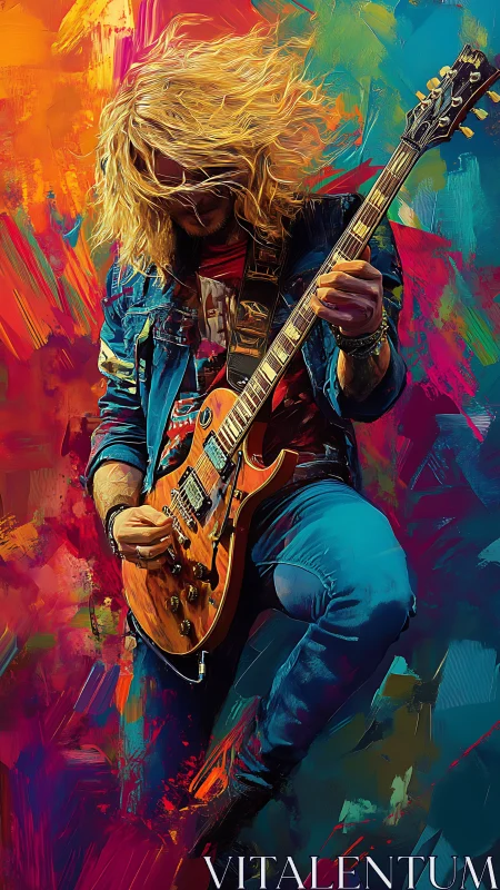 Electric guitarist jumps in bold abstract color storm.