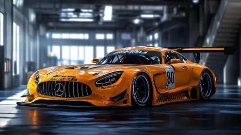 Track-ready orange GT3 race car rendered in dramatic lighting