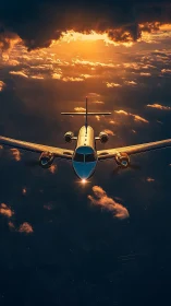 Private turboprop crosses glowing cloud deck at sunset