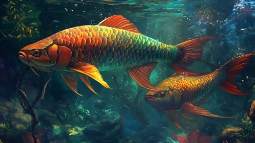 Iridescent koi swim through luminous teal underwater forest.