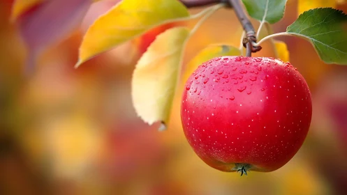 Macro close-up of dewy red apple against shallow bokeh backdrop