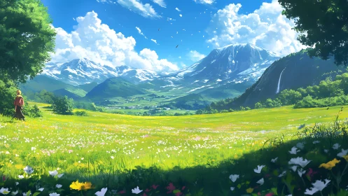 Person stands in sunlit flower meadow before snowy mountains