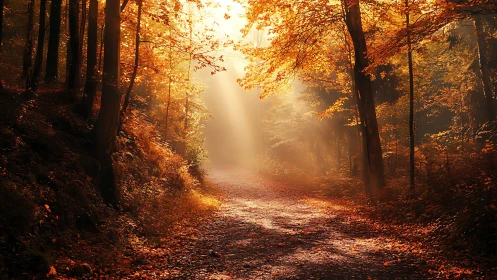 Golden Autumn Forest Path Beckons with Warmth and Light