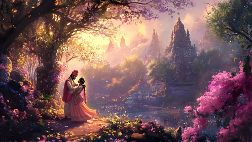 Digital rendering of romantic couple in ornate temple landscape with volumetric atmospheric lighting