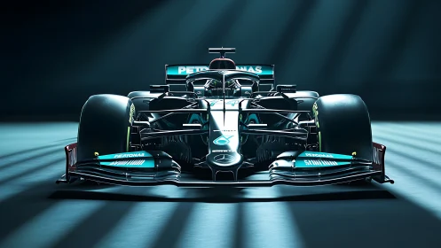 Front-on F1 race car render highlights aero package and lighting control