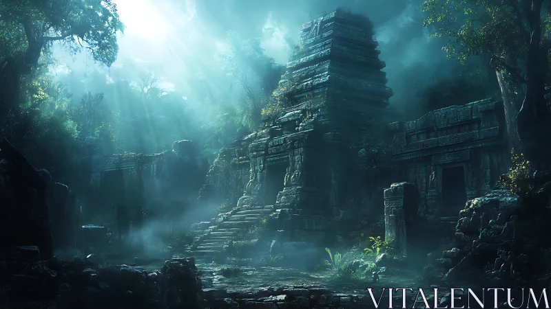 Volumetric-lit jungle temple ruins in atmospheric decay.