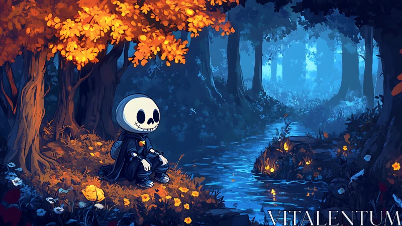 Skeleton child in cloaked attire beside bioluminescent forest creek