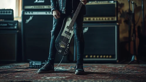 Electric bassist framed by stacked tube amplifiers in studio.