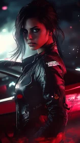 Cyberpunk vigilante stands under neon car lights, poised.