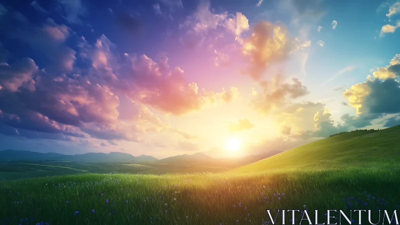 Sunlit hills glow beneath radiant pastel evening sky.