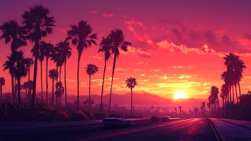 Palm-lined coastal highway at sunset with distant mountains.