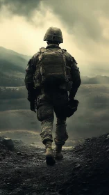 Solitary soldier walks through misty battlefield valley