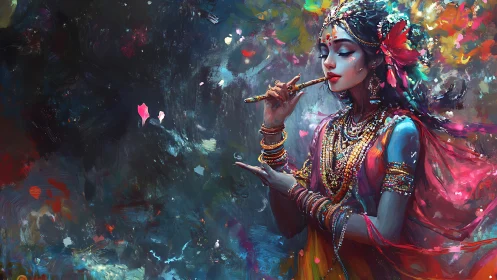 Radiant flute player in swirling jewel toned celebration.
