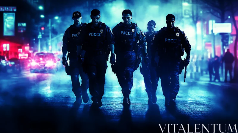Urban tactical squad advancing through neon city haze.