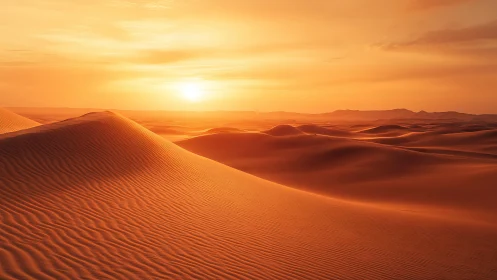 Desert dunes glow under low sun in sweeping orange light.