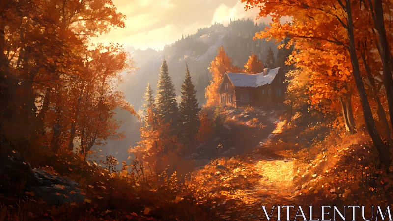 Autumn forest cabin under golden evening mountain light.