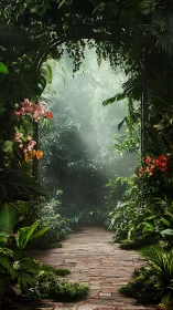 Lush stone pathway leading through misty botanical archway.