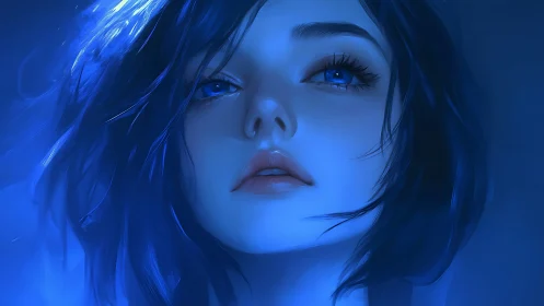 Blue lit close-up portrait uses soft gradients and specular highlights