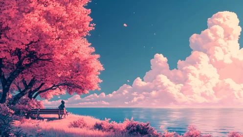 Solitary figure rests beneath pink tree beside luminous sea