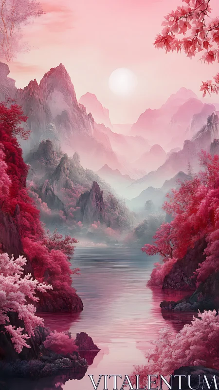 Monochromatic pink mountain lake rendered with atmospheric perspective