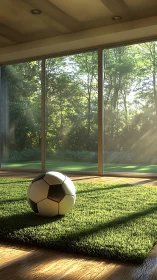 Soccer ball on indoor turf by sunlit glass wall.