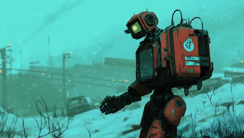 Industrial bipedal robot traversing snowy industrial site.