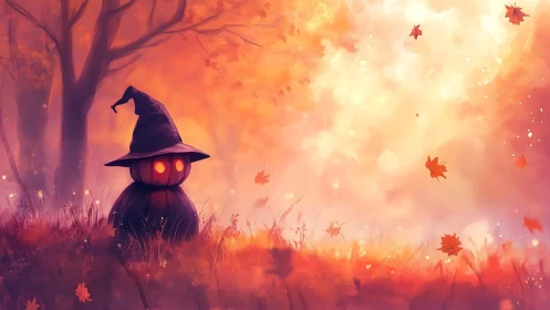 Cozy pumpkin witch resting in a glowing autumn forest haze.