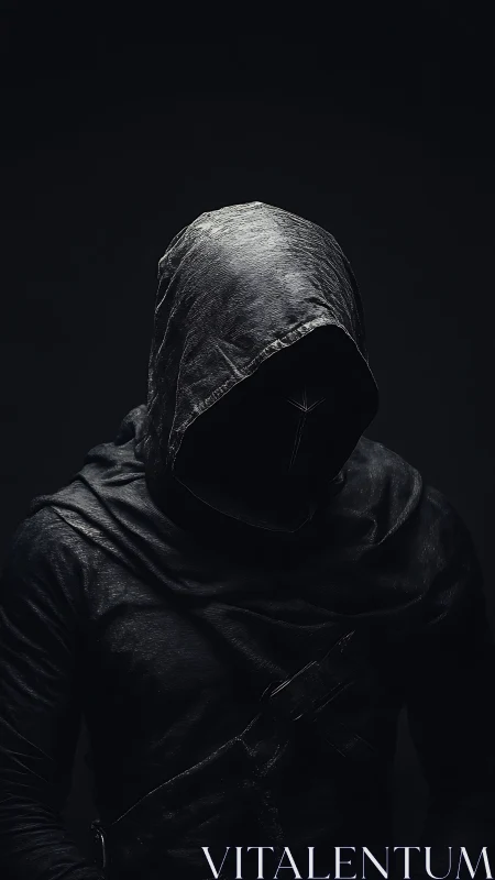 Hooded figure in dark clothing stands in minimal light
