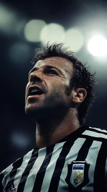 Male football player in striped jersey under stadium lights